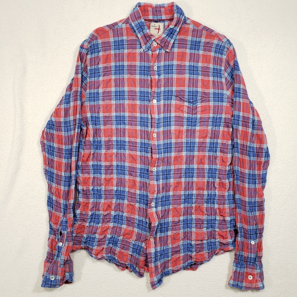 Relwen Button Down Crinkle Shirt Mens Large Red Blue Plaid Textured Cotton Light